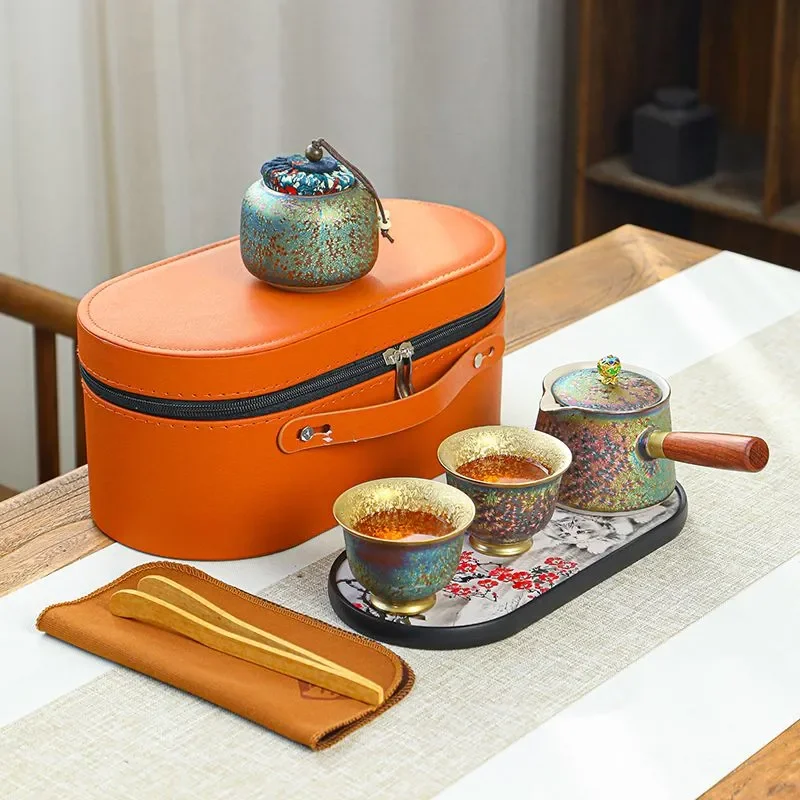 Colorful gilt side handle pot travel tea set one pot two cups portable express cup outdoor portable kung fu tea set