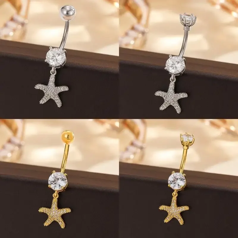 Ciondolo croce stella marina con zirconi chic; Anello bilanciere per ombelico da donna; Regalo di gioielli per piercing all'ombelico sexy