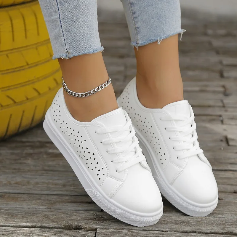 Women Shoes Fashion Summer Casual White Shoes Cutouts Lace Canvas Hollow Breathable Platform Flat Shoes Woman Sneakers