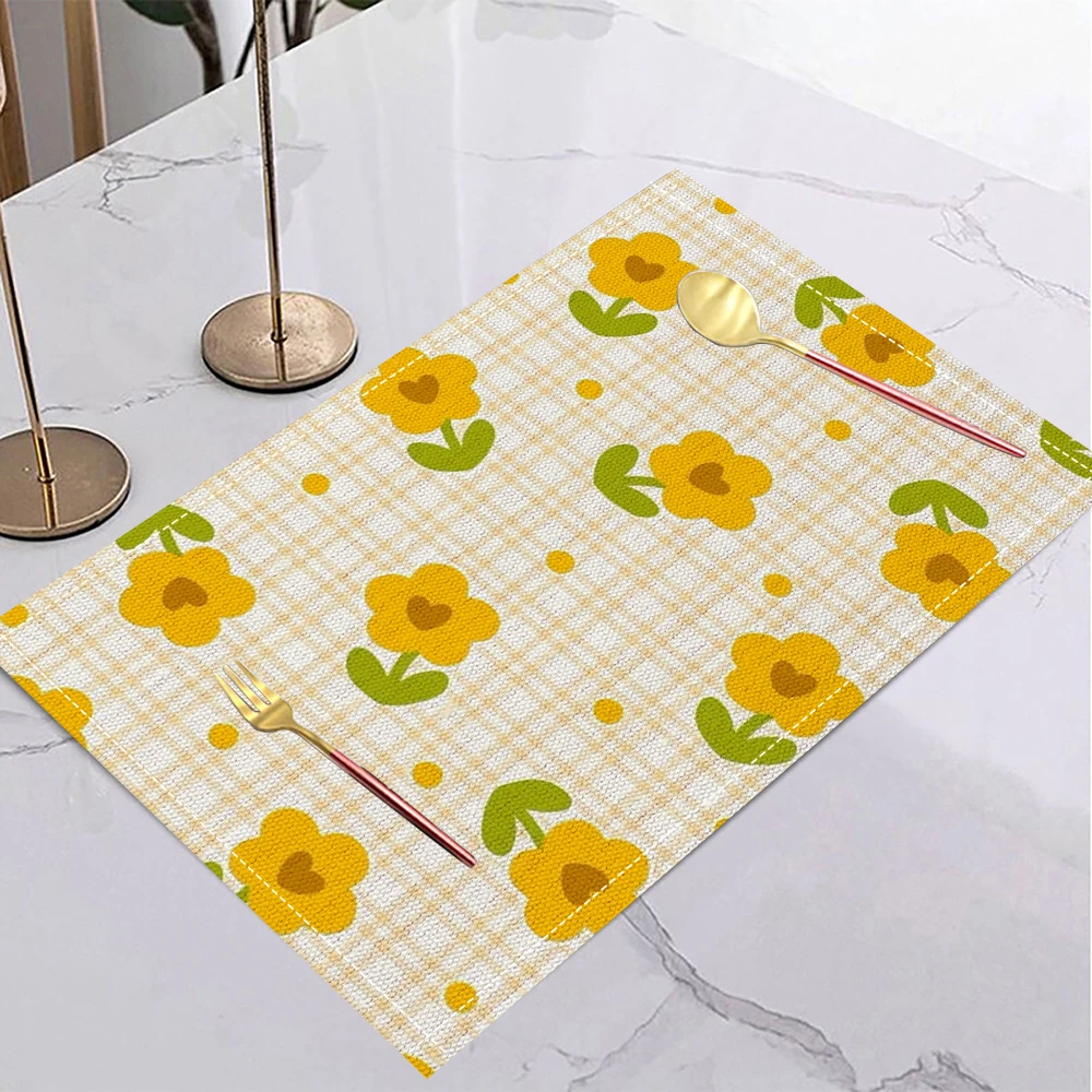 Green Gingham Floral Table Mat Light Green White Checkered Pattern with Blue Center Placemat Insulated Placemat
