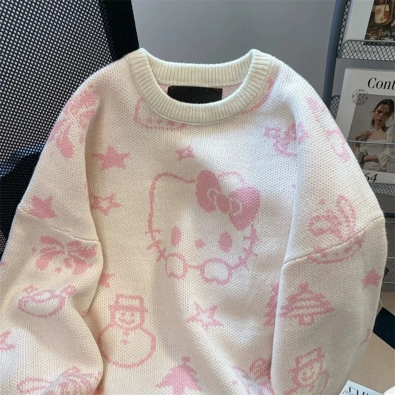 Maglione lavorato a maglia da donna con stampa Sanrio Hello Kitty Maglieria morbida e carina Stile coreano Y2k Dolce stile preppy Top Fondo autunnale