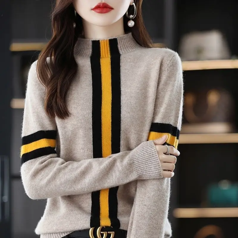 Women\'s Sweater Black Striped Gigh Neck Jerseys Beig Turtleneck Pullover Knit Tops for Woman Y2k Vintage Crochet Winter 2024 90s