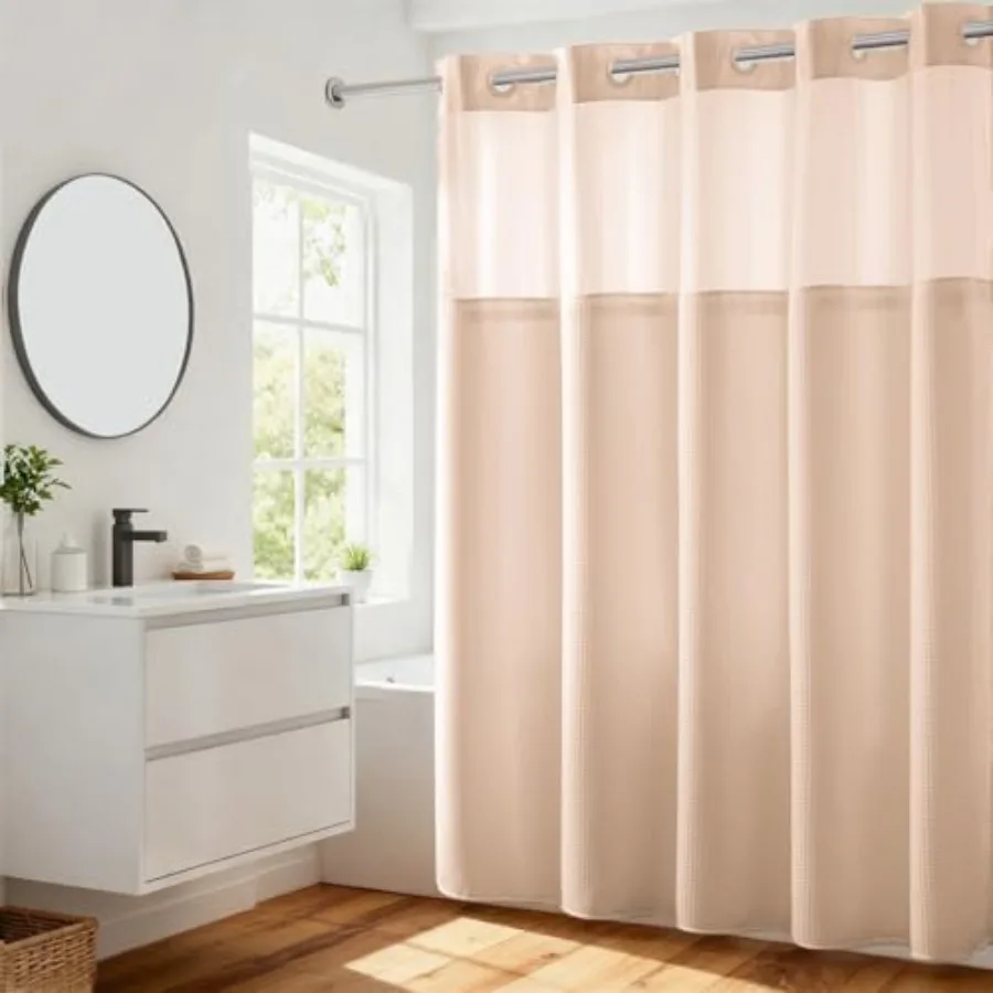 

Плотная шторка для душа без крючков с точечным вафельным плетением и вставным вкладышем на защелках - 71Ш x 74В дюймов, гостиничный стандарт, эффект спа-процедур