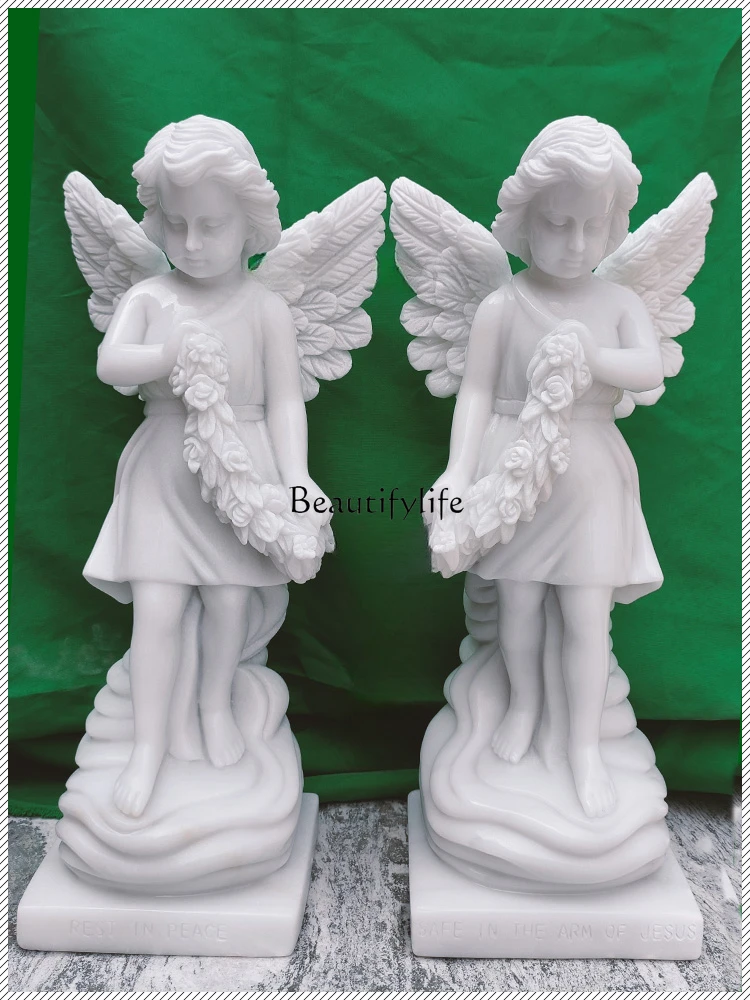 Stone White Marble Guardian Angel Marble Church Doorway Crafts Ornaments