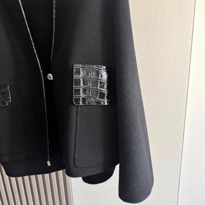 HKSH Herbst Winter Neue frauen Doppelseitige Kaschmir Mantel Patchwork PU Leder Taschen V-ausschnitt Ins Kurze Dicke Jacke HK15968