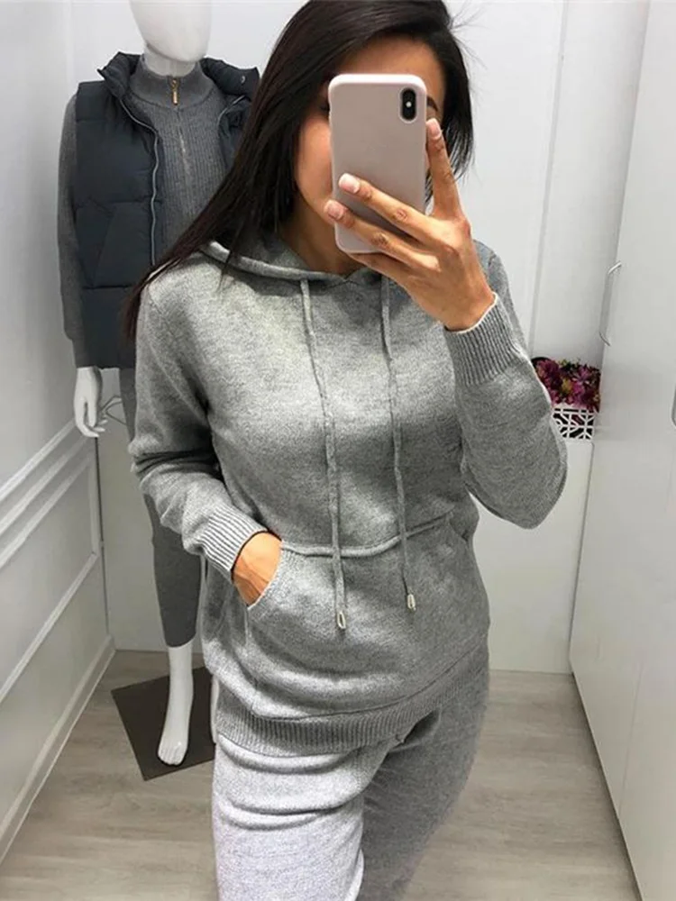 

TYHRU Women's Knitted Tracksuit Autumn Winter Hooded Solid Color Large Pocket Knit Two-piece Suit