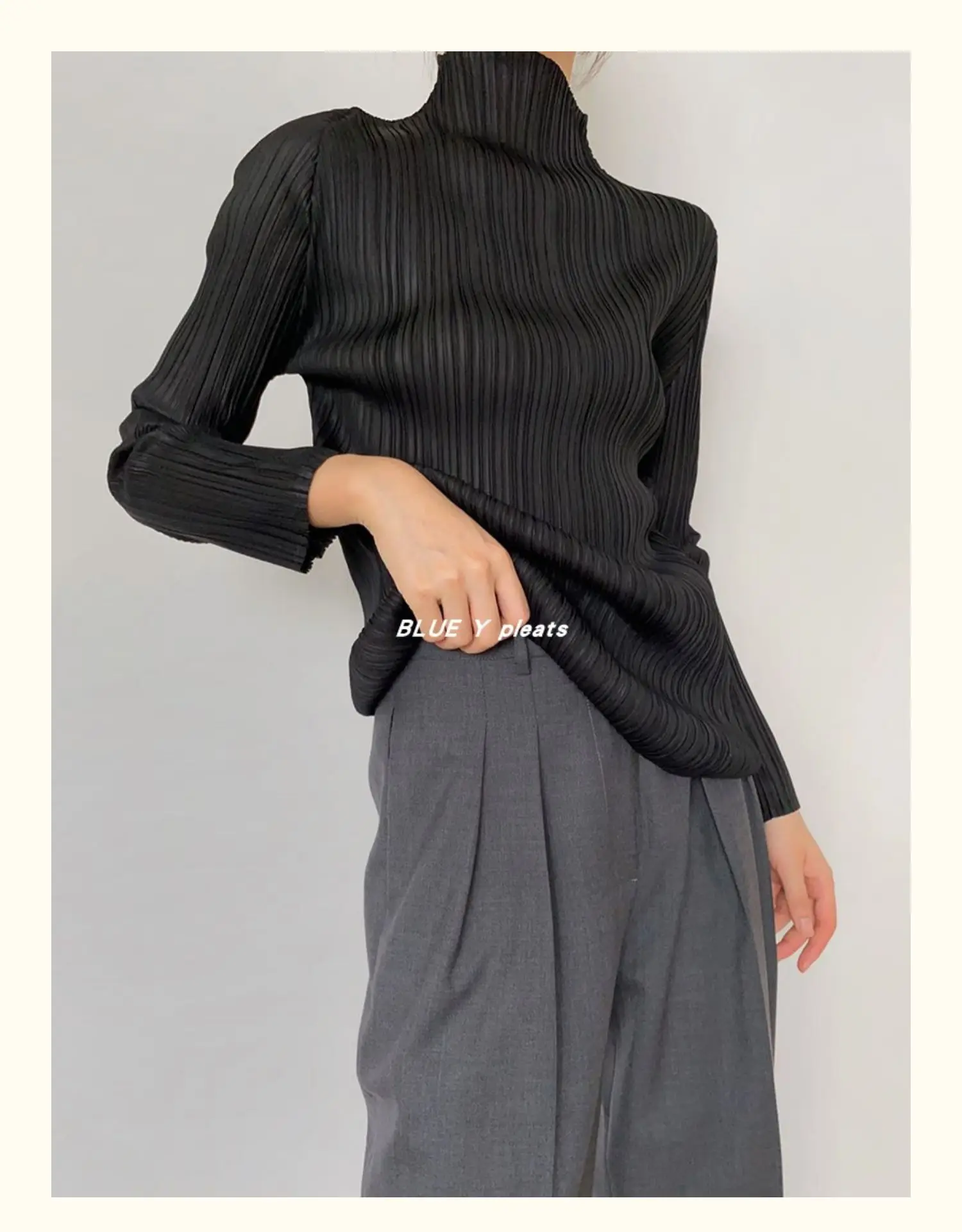 Miyake Pleated Women Shirt Tops 2024 Autumn Winter High Fashion Designer New Aesthetic Clothing Long Sleeve Turtleneck T-shirt