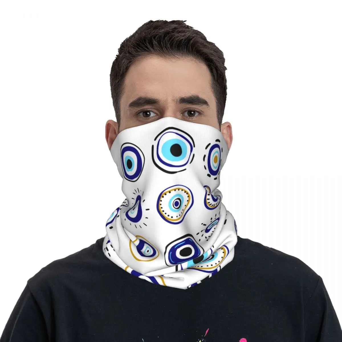 Custom Evil Eye Neck Gaiter Men Women Windproof Winter Mediterranean Mystic Eyes Bandana Scarf for Hiking