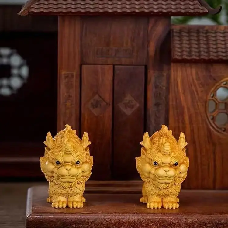 Taihang Cypress Carved Auspicious Qilin Figurine Ancient Beast Wenwan Hand Play Home Car Desktop Decor Collectible Ornament