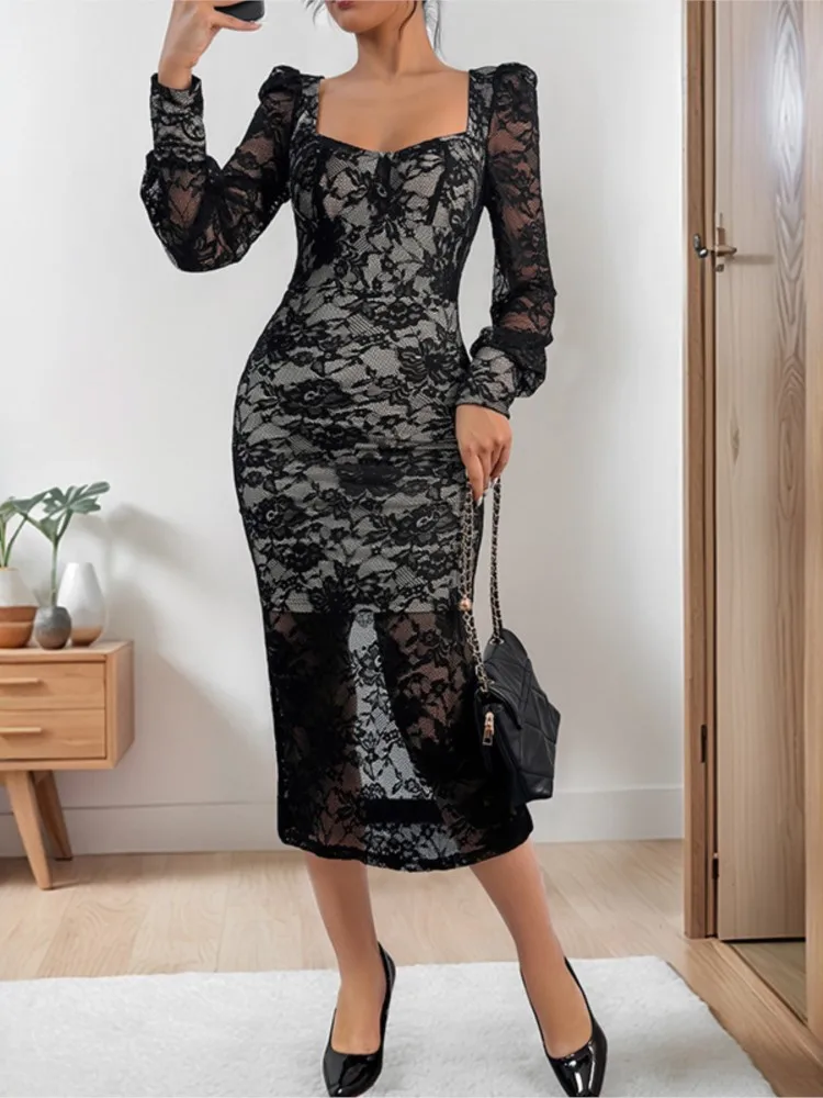 

Black See Through Flower Lace Slim Dresses Women Long Sleeve Sexy Package Hip Bodycon Slit Dress Temperegant Elegant Female 2025