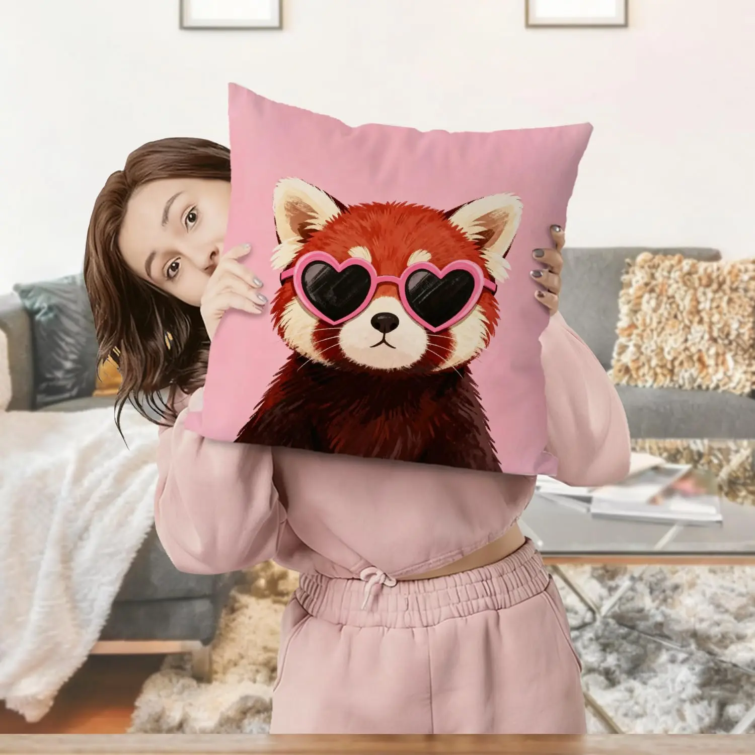 Cute Red Panda with Heart Sunglasses Pillowcase, Pink Funny Animal Cushion Cover, Kawaii Girly Room Decor, Unique Gift for Her