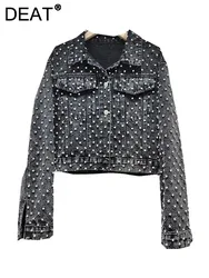 DEAT Women's Denim Coat Diamonds Black Washed Single Breasted Long Sleeve Distressed Jackets 2024 Autumn New Fashion 29L7148