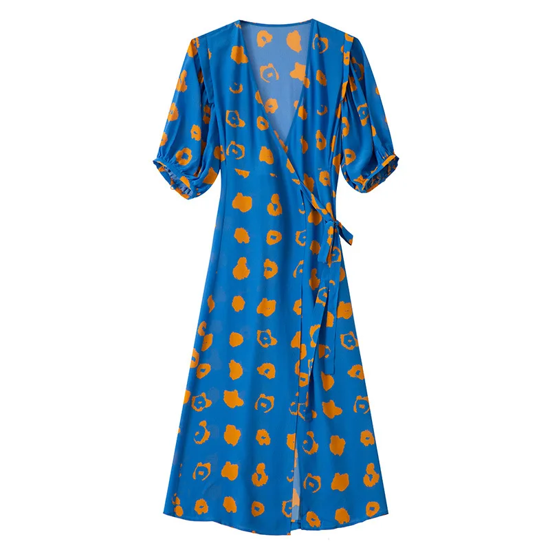 Vestido de seda verão 2025 design de emenda vestido longo nova lanterna vestido francês de manga curta