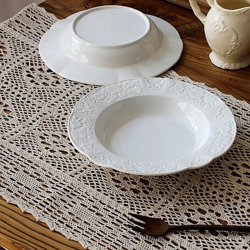 White Rose Patterned Relief Round Disc American Retro Pasta Steak Deep Plate Household Fruit Salad Ceramic Platter