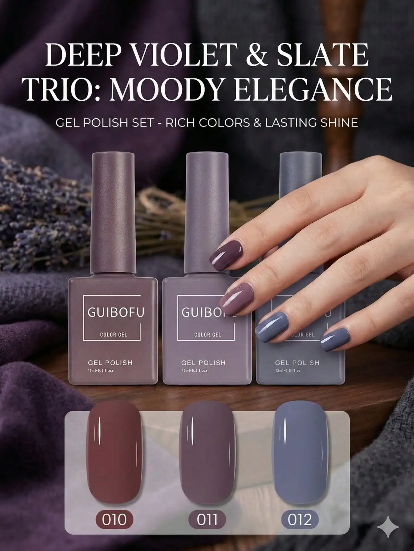 3pcs/set 15ml Purple Taro Gel Polish,Smoky Purple Pink Gray Tone,Semi Permanent Soak Off UV LED Design Manicure