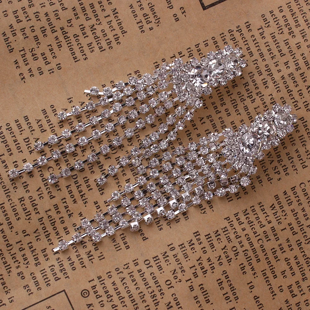 Hot Sale Rhinestone Crystal Long Tassel Tear Drop Geometric Flower Clip on Earrings No Pierced for Women Hypo-Allergenic Earring