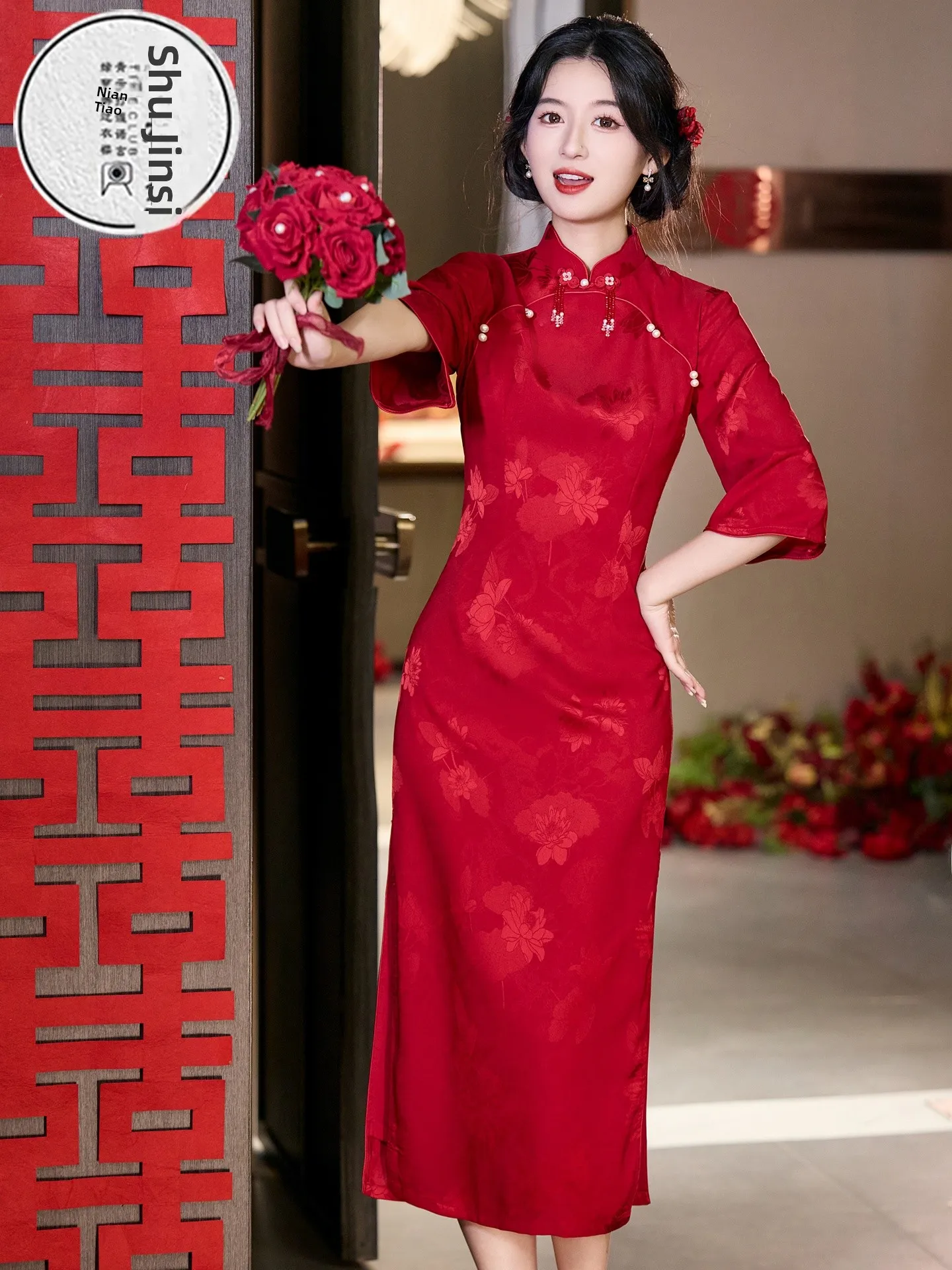 red-qipao-wedding-dr-vintage-sle-breathable-polyester-fibre-mid-length-skirt-seven-sve-floral-pattern-for-marriage