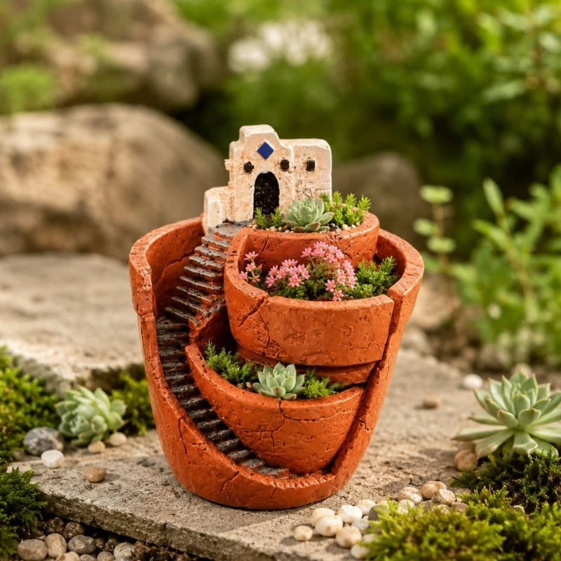 Miniature Resin Plant Pot with Tiered Cottage Stair Scene for Desk Windowsill Balcony Shelf Display, 10.5 x 11.5 87HA