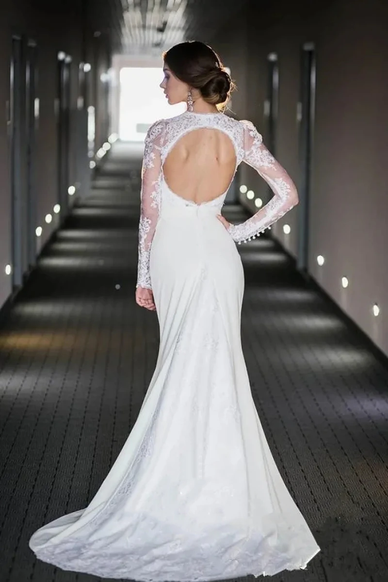 Сексуальные свадебные платья русалки с открытой спиной и длинными рукавами, кружевные аппликации, украшенный вырез, садовые пляжные свадебные платья цвета слоновой кости, Vestidos De Novia