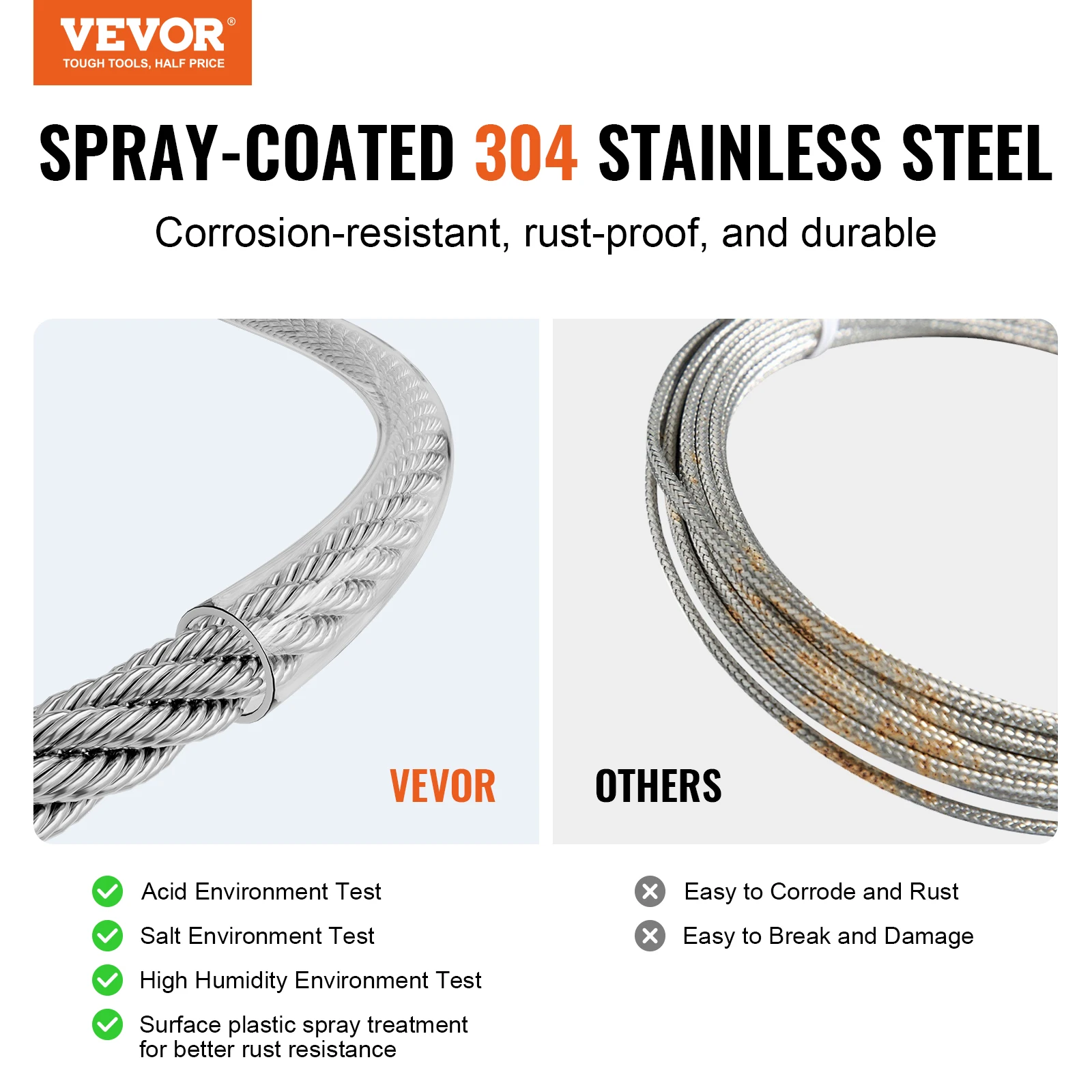 VEVOR Kit de Cables de 3,18 mm Cable de Acero Inoxidable 304 de 30,5 m con 59 Accesorios, Resistencia a la Rotura de 2,9 KN, 7 x 7 Hebras, Cable de Grado de Construcción para Aeronaves para Pasamanos