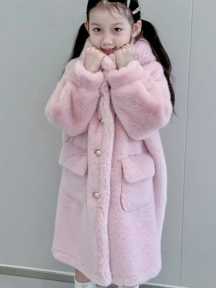 Autumn Winter New Children's Faux Fur Jacket Imitation Mink Fur Hooded Warm Fur Coat Overcoat A4219