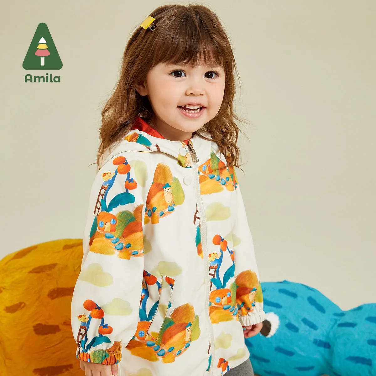 Amila Baby Jacket 2023 Autumn New  Theme Printing Rain Hat Brim Design Two Sided Dressing Girls Boys Cute Children Clothes