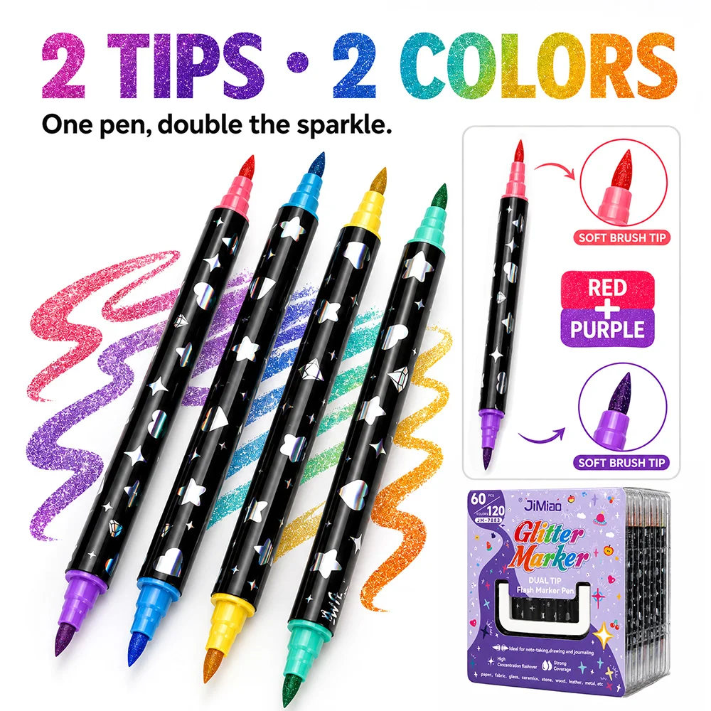 12/24/36/48/60 Pcs Dual Colors Glitter Markers Journaling Scrapbooking Cards Poster Album Decoration Art Pens DIY Craft Supplies