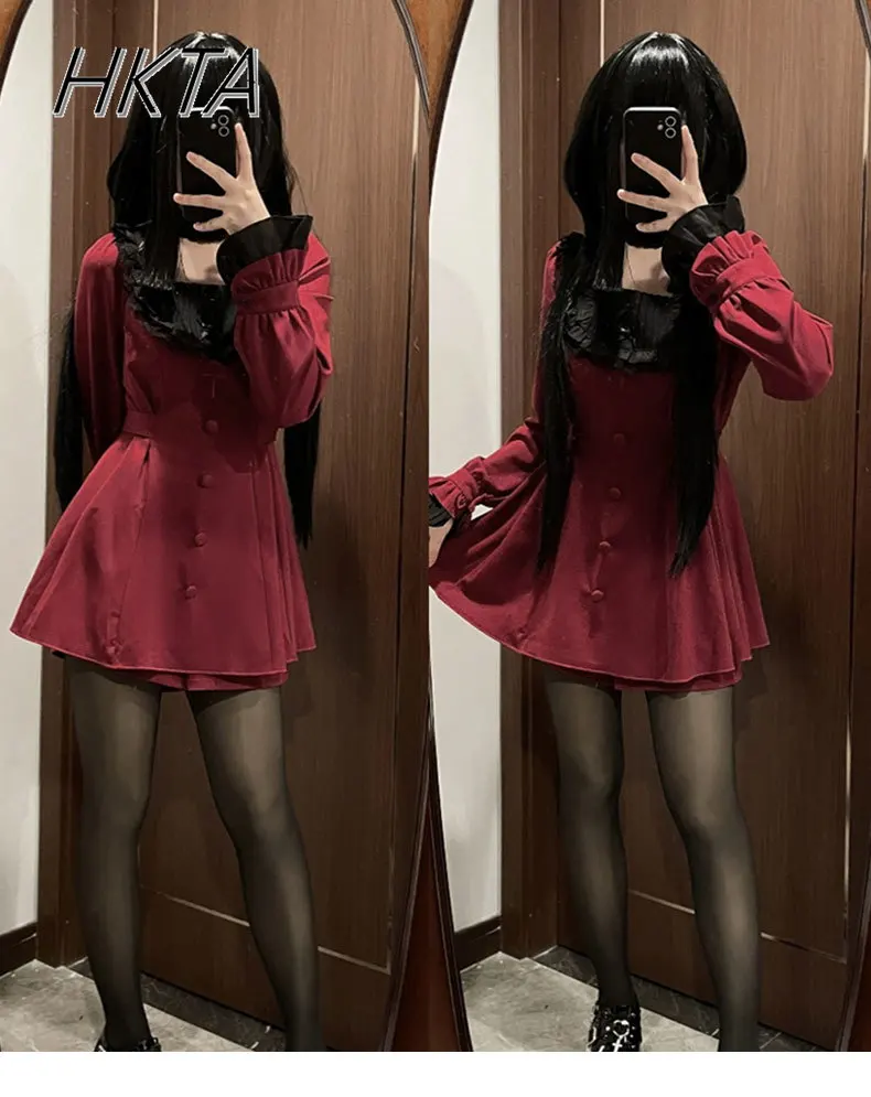 

Japanese Mines Lace Long-sleeve Dress Embroidered Waist Splicing Bud Clothes Lolita Girls Spring New Shorts 2 Piece Sets Women