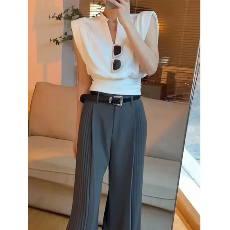 Deeptown Women Blouses V-neck Korean Style Elegant Chic White Sleeveless Shirts Black Crop Tops Office Style Old Money Aesthetic