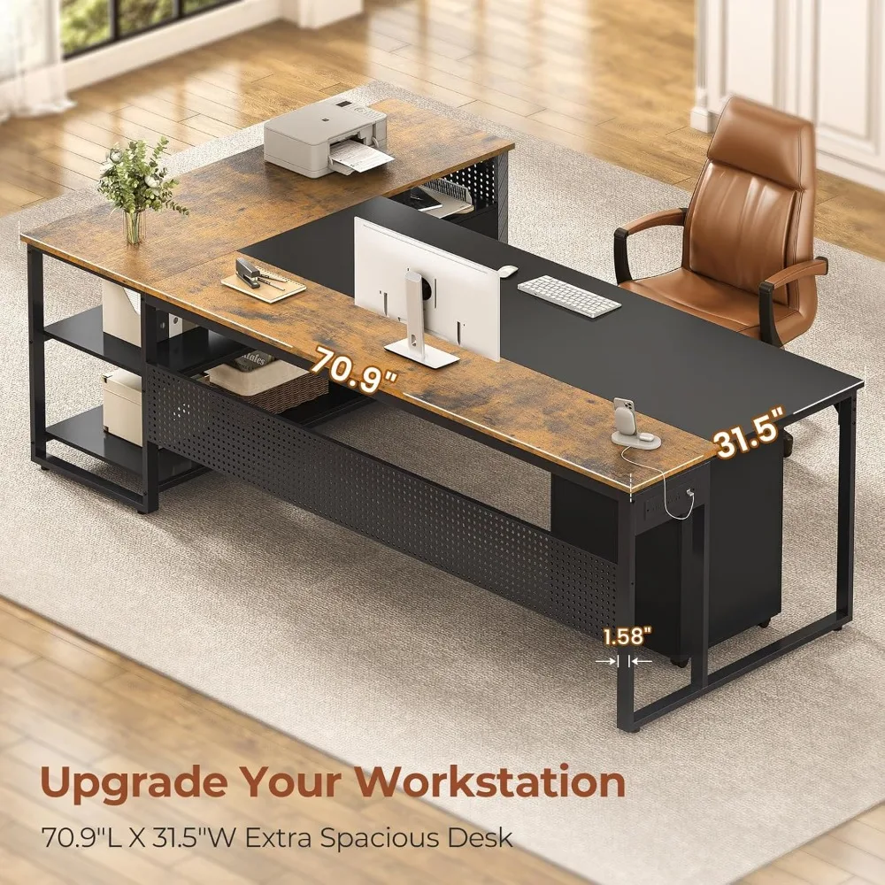 مكتب تنفيذي مقاس 71 بوصة، مكتب على شكل حرف L قابل للعكس مع خزانة ملفات متنقلة ومنافذ طاقة، مكتب كبير مع أدراج، تخزين S