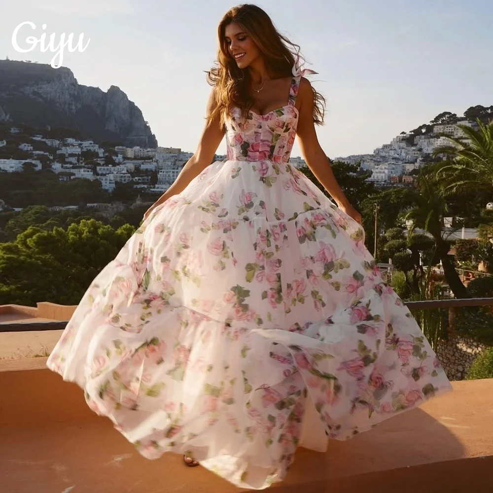 

Giyu Modern Pink Print A Line Evening Dress Charming Sleeveless Spaghetti Strap Floor-Length Summer Beach Dress Customized 2025