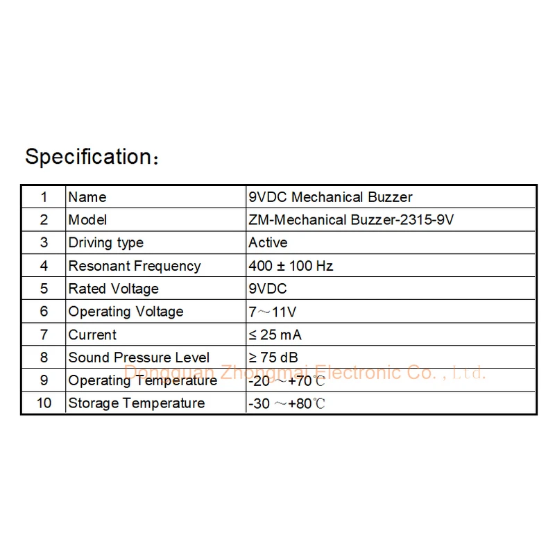9VDC 400Hz Mechanical Buzzer