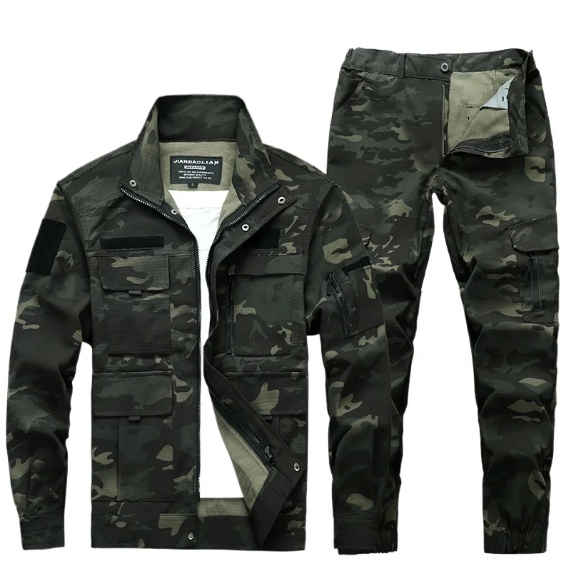 Spring Autumn Camouflage Clothing Set Wear Resistant Multi Pocket Tactics Working Clothes Outdoors Camping Hiking Training Suit