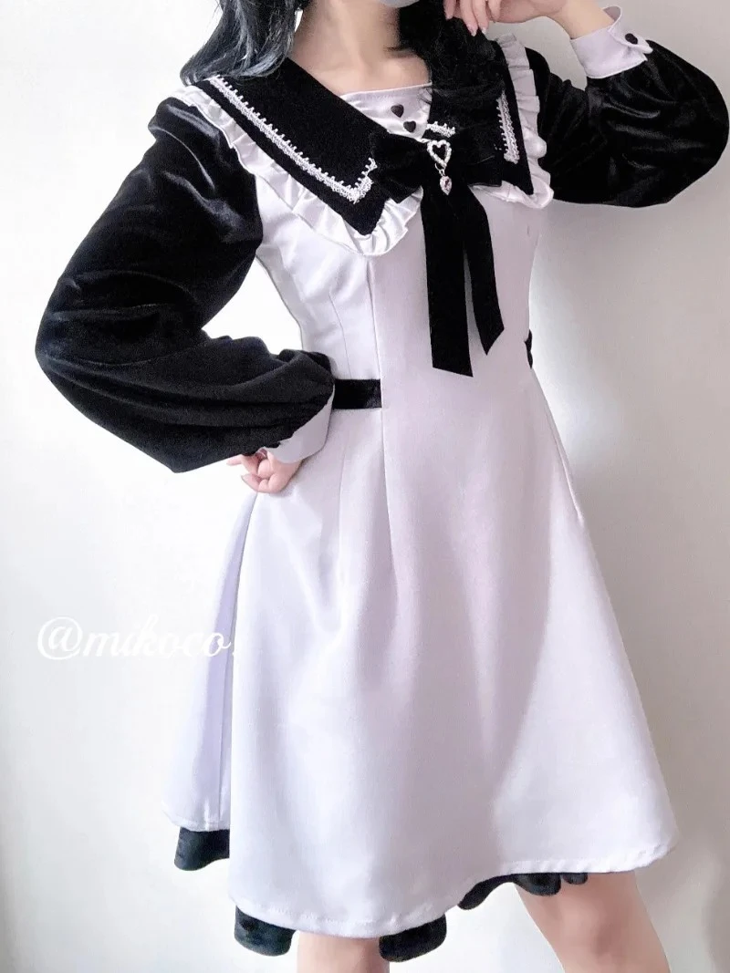 

Sweet Girls Slim-fitting Long-sleeved Dresses Japanese Original Cute Mass-produced Mine Splicing Water Color Purple Bow Dress