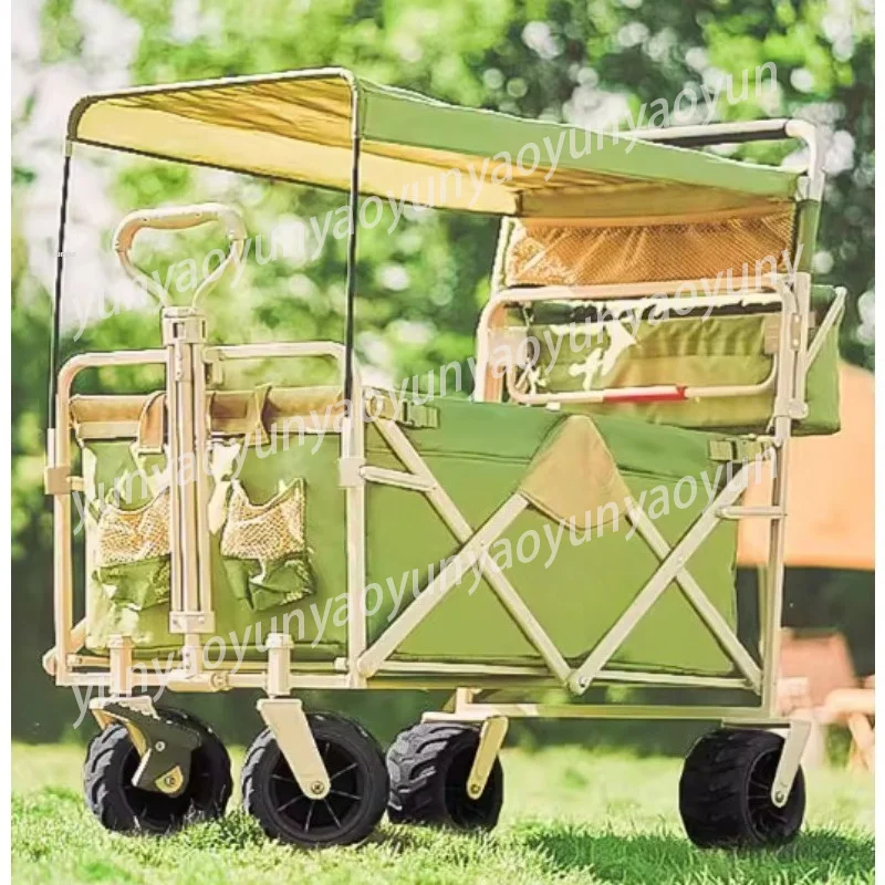 Foldable Camping Utility Wagon Cart Equipped Sunshade Canopy Portable Trolley for Beach Picnic Outdoor Activity