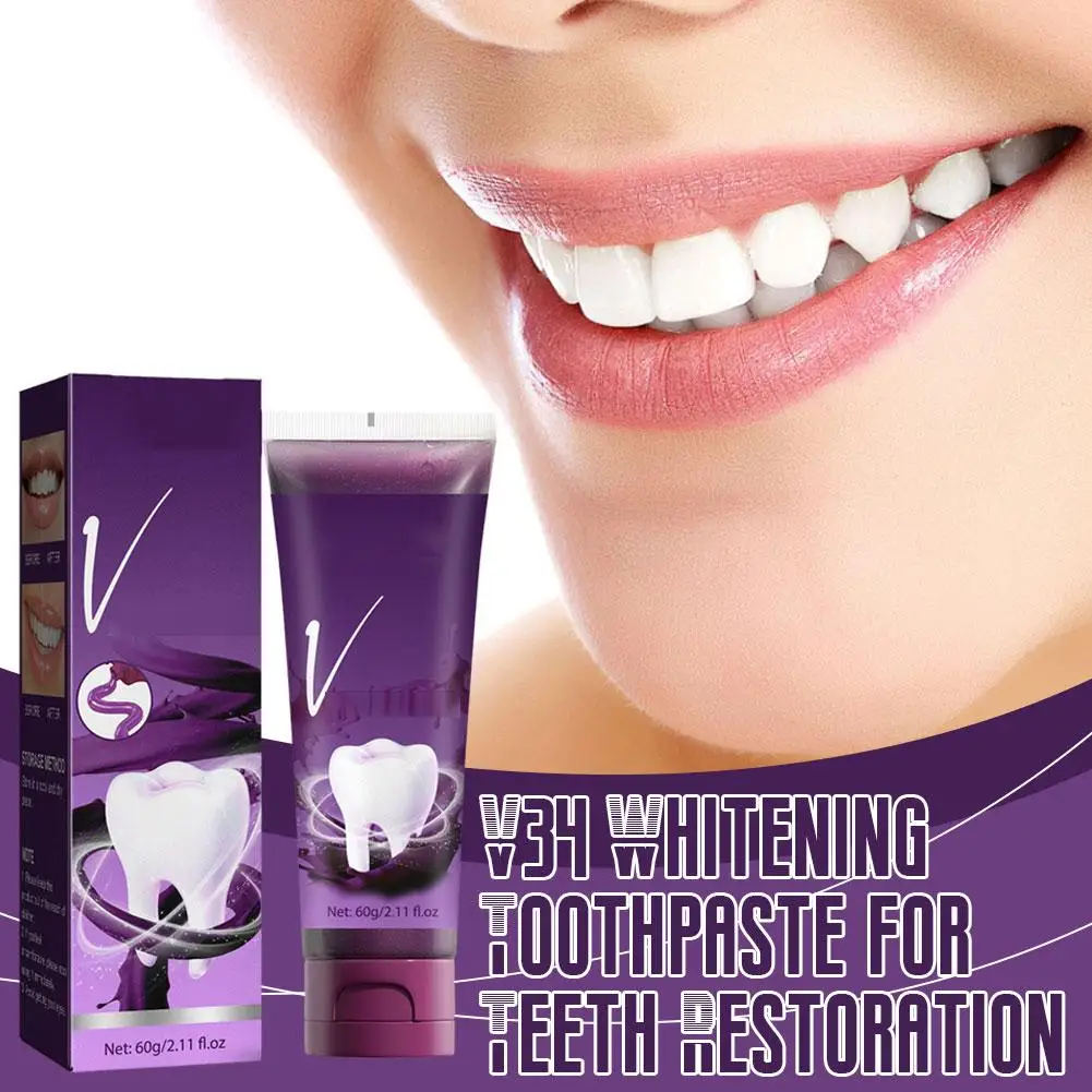 Creme dental brilhante roxo V34, remover o tártaro, manchas amarelas, dentes brancos, boca limpa dental, placa dentária, B7a2