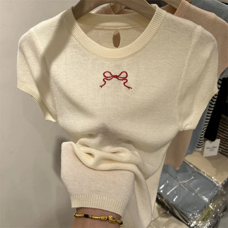 

Women's Clothing Chic Bow Embroidery Tops Y2K Back Hollow Out Knitted Short Sleeve Summer O-neck Loose Casual Thin T-Shirt