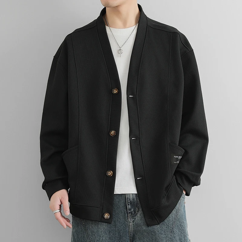 Kardigan Kancing Sebaris Baru Pria Mantel Serbaguna Retro Jepang Musim Semi Musim Gugur Atasan Solid Hangat Lengan Panjang Huruf Hitam Mode