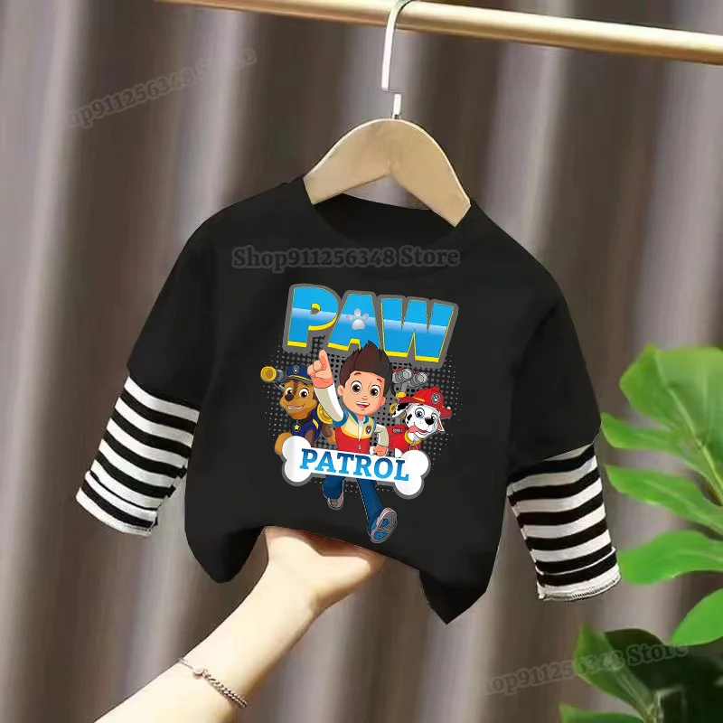 Paw Patrols Striped Long Sleeved Printed T-shirt Cartoon Anime Figure Chase Skye Cute Tee Tops Spring Long Sleeve Clothes Gift