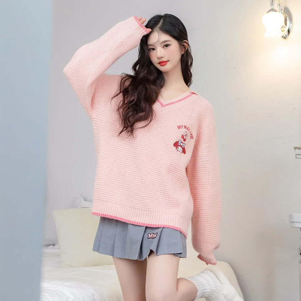 Cute Cartoon Kuromi Embroidery Knitted Sweater Women College Style V Neck Tops Girls My Melody Cinnamoroll Cute Sweet Pullover