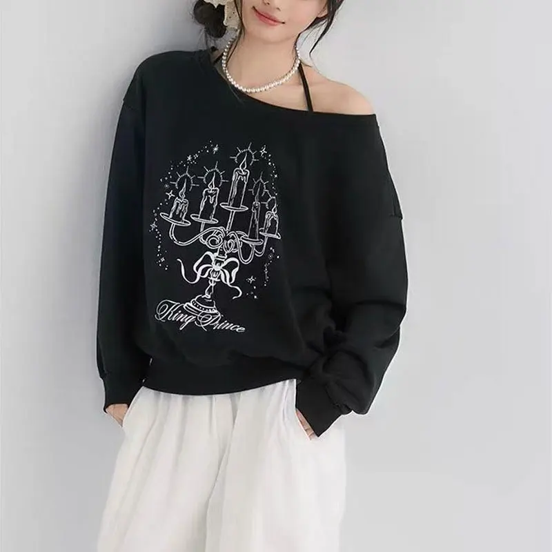 American Retro Printed Sweatshirts Women's Clothing Skew Collar Spring Autumn Stylish Off Shoulder Casual Long Sleeve Hoodies