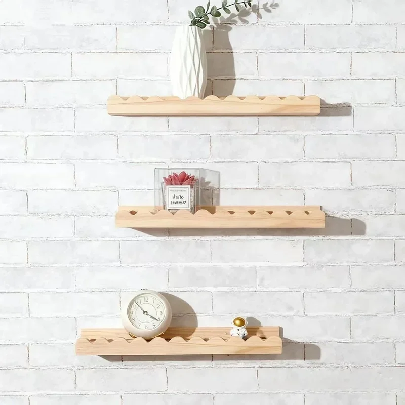 Boho Natural Pine Wood Floating Shelf, Scalloped Edge Wooden Wall Display Shelf, Nordic Wall Mount Rack Nursery Kids Room Decor