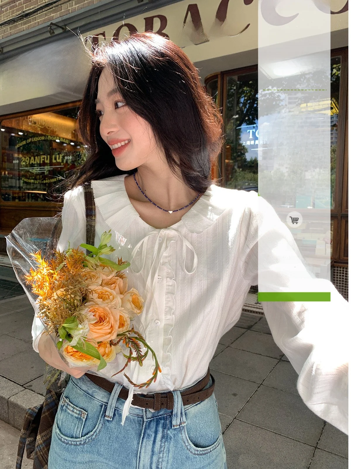 

Sisilyon French Sle Cotton Blend irt Women's Gentle Ruffle Collar Belted Top Straight Cut Long Sve Floral Petal Design