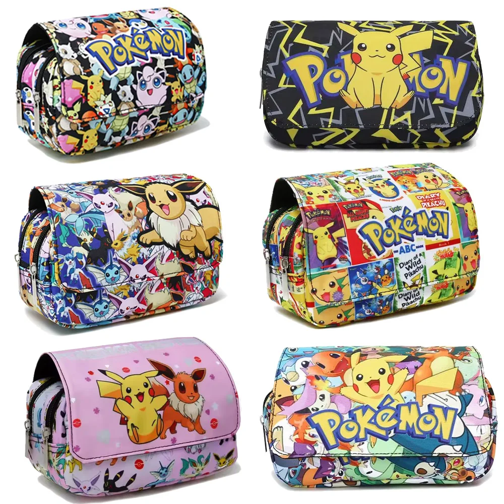 Large Capacity Cartoon Pokemon Pencil Case Pikachu Pen Bag Fully Printed Flap Stationery Box Cute Anime Bags Students Supply