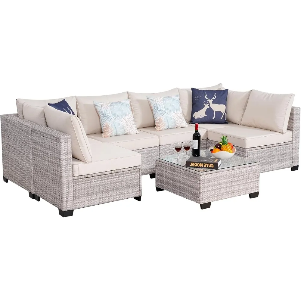 

7 Piece Sectional Sofa Set Outdoor, Rattan Patio Furniture Set, Outdoor Sectional Furniture, Rattan Chairs Glass Table Wicker