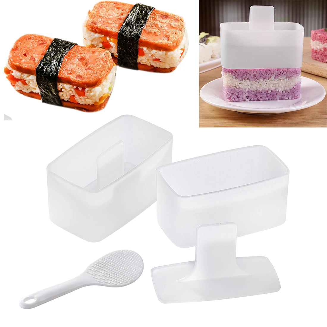 قالب ضغط Musubi ومجداف الأرز، قالب ضغط الأرز لصانع Musubi سهل الاستخدام في المنزل لـ Bento ووجبات الخفيفة والسوشي والحفلات والنزهة