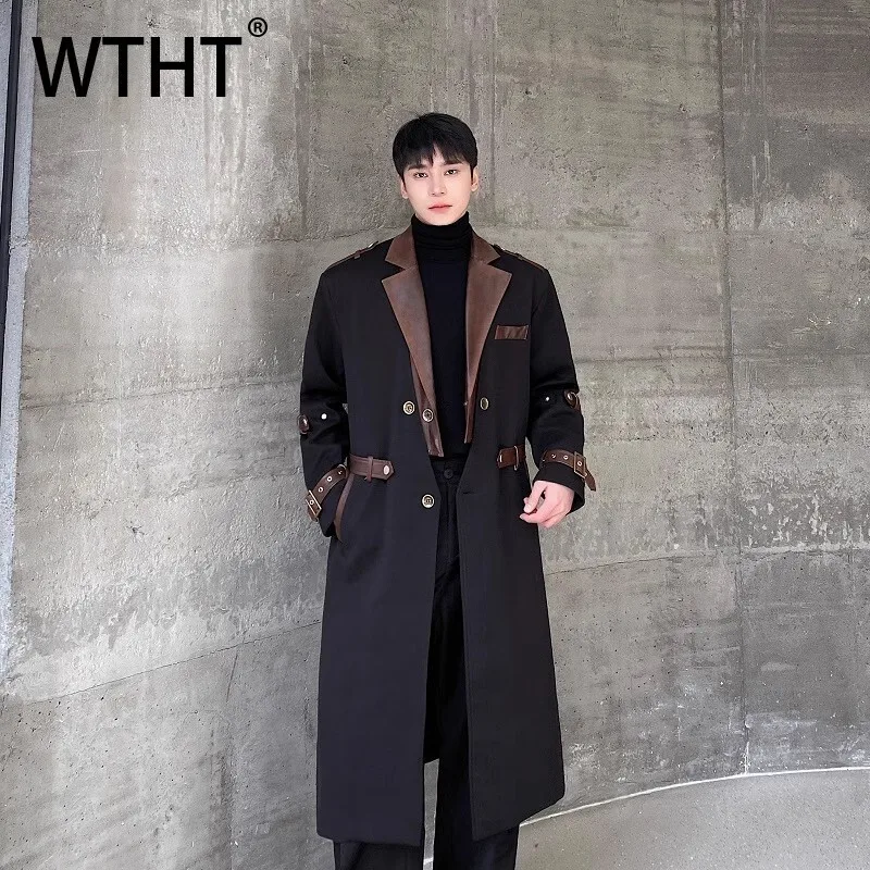 

WTHT Fashion 2025 Autumn Men's Spliced Leather Contarst Color Windbreakers Trendy Casual Long Sleeves Loose Overcoat Male 2A1854
