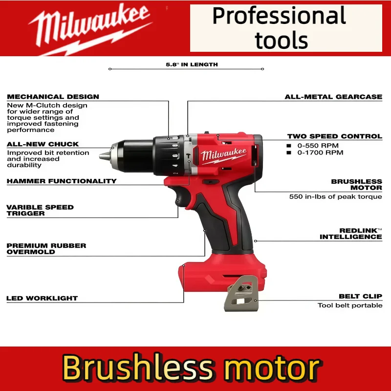 Milwaukee 150N.m Trapano elettrico piccolo senza spazzole Trapano a percussione a batteria per 18V Alimentazione a batteria Decorazione La squadra utilizza lo strumento