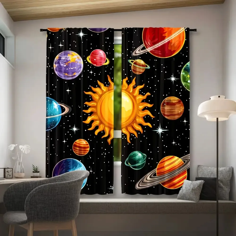 curtain2pcs Solar System Curtains- Vibrant Outer Space Planets& Galaxy Theme, Black Background with Colorful Planets& Stars, Sem