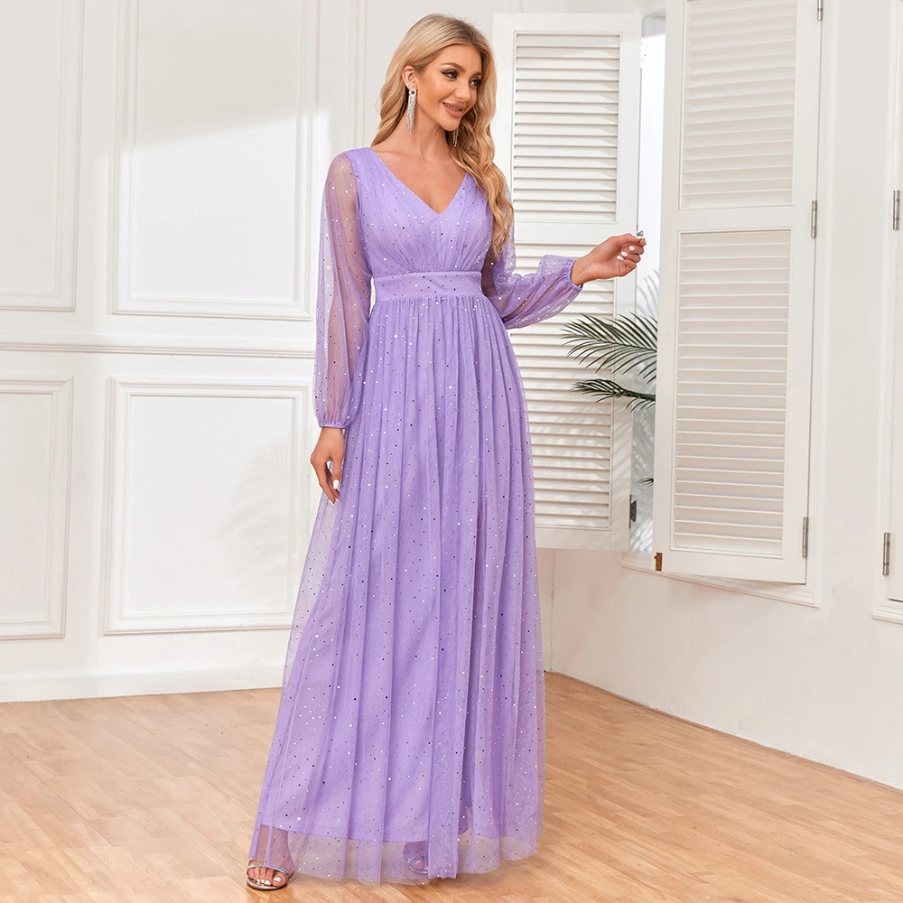 Lavender Full Sleeves A Line Evening Dress Wholesale V Neck Floor Length Bling Tulle Women Prom Gowns For Wedding Party Cheap